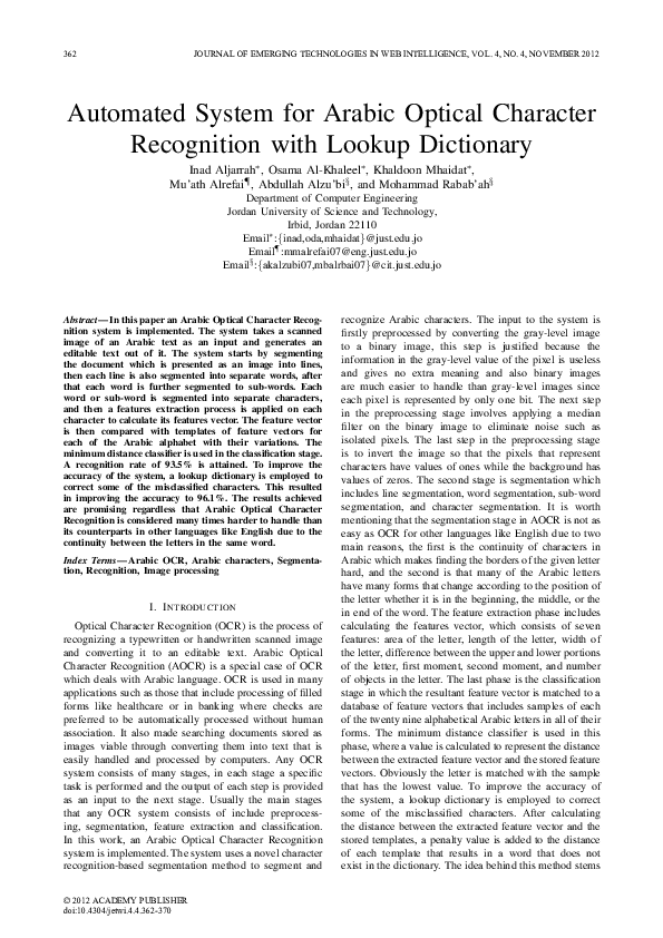 (PDF) Automated System for Arabic Optical Character Recognition with ...