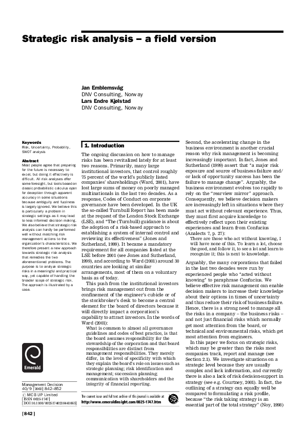 (PDF) Strategic risk analysis – a field version