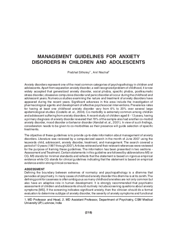 (PDF) Management Guidelines for Anxiety Disorders in Children and ...