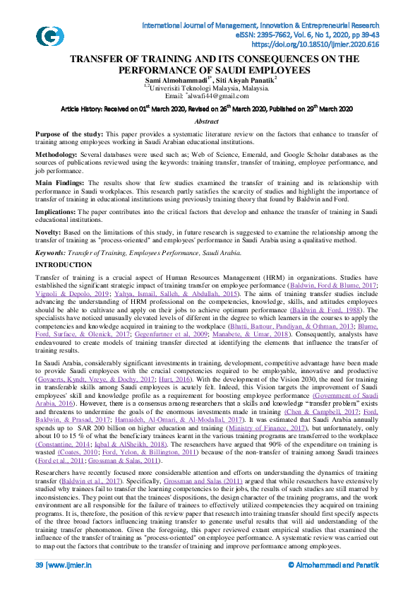 (PDF) Transfer of Training and Its Consequences on the Performance of ...