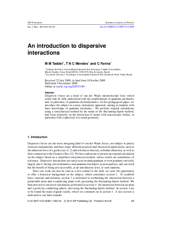 (PDF) An introduction to dispersive interactions