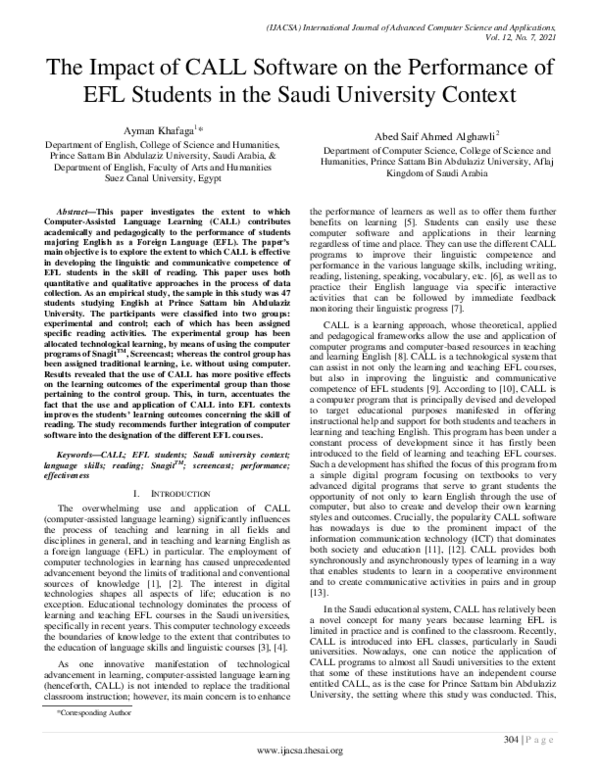(PDF) The Impact of CALL Software on the Performance of EFL Students in ...