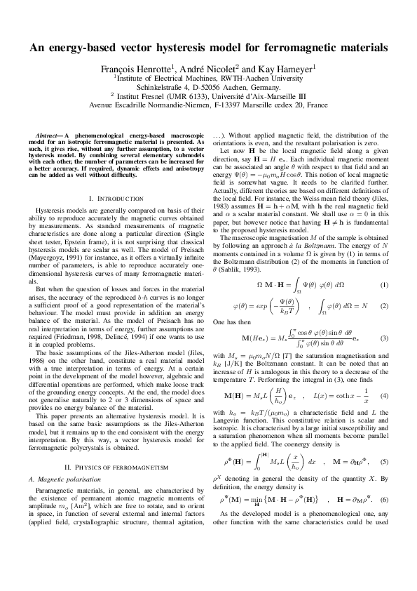 (PDF) An energy-based vector hysteresis model for ferromagnetic materials