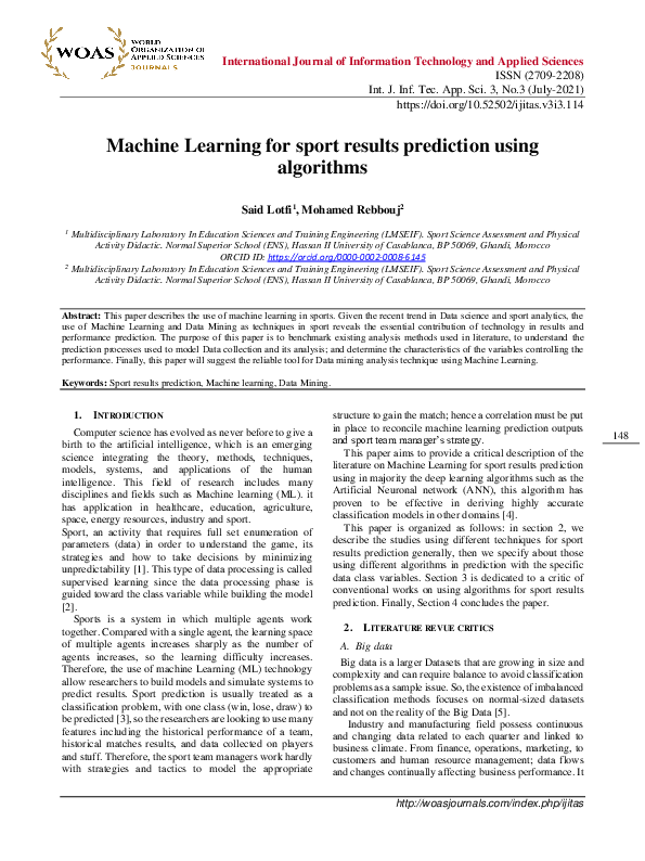 (PDF) Machine Learning for sport results prediction using algorithms