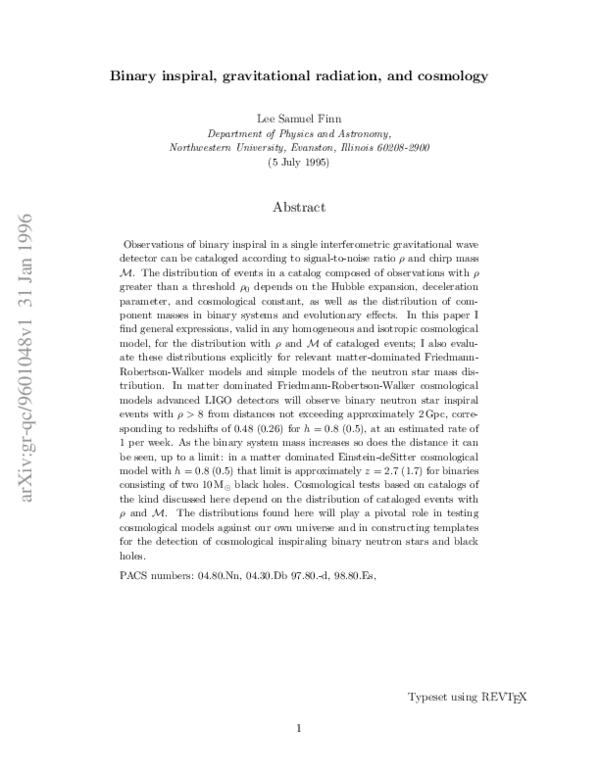 (PDF) Binary inspiral, gravitational radiation, and cosmology