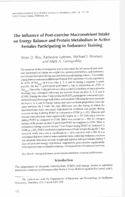 (PDF) The influence of post-exercise macronutrient intake on energy ...