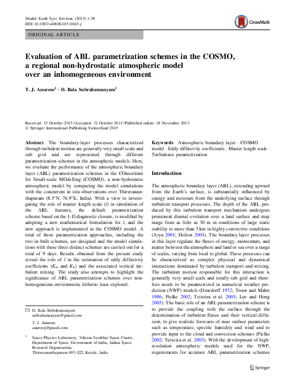 (PDF) Evaluation of ABL parametrization schemes in the COSMO, a ...