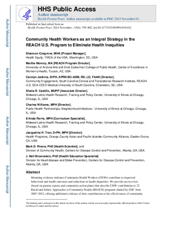 (PDF) Community health workers as an integral strategy in the REACH U.S ...