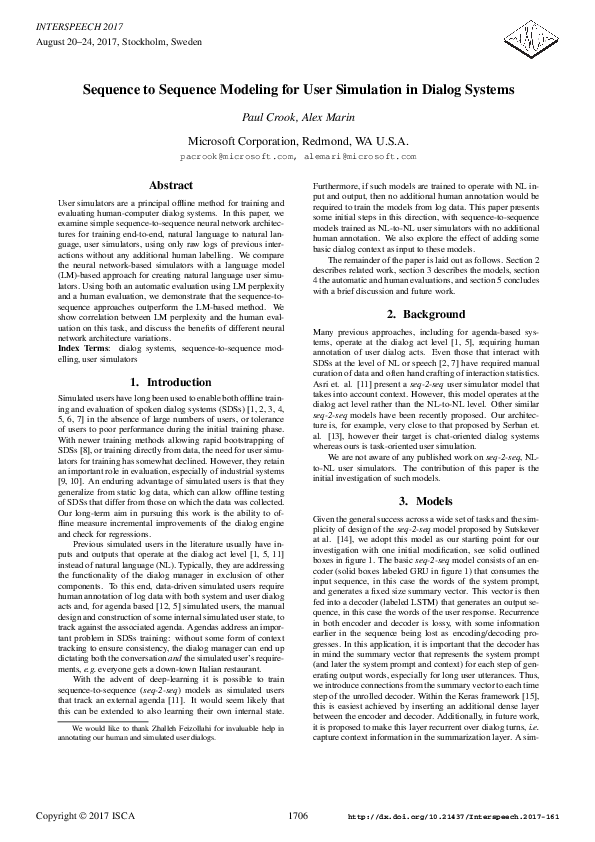(PDF) Sequence to Sequence Modeling for User Simulation in Dialog Systems