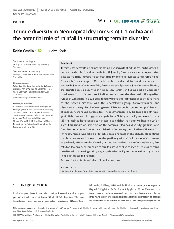 (PDF) Termite diversity in Neotropical dry forests of Colombia and the ...