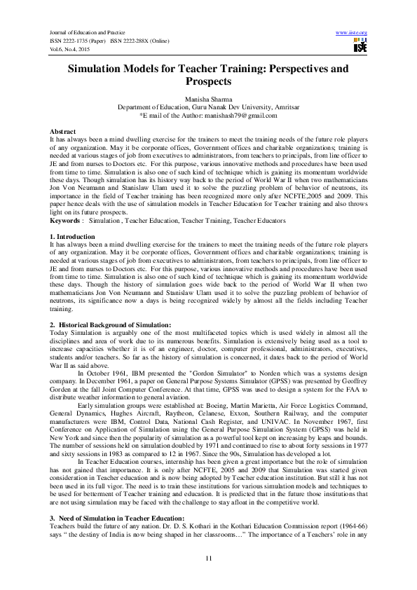 (PDF) Simulation Models for Teacher Training: Perspectives and Prospects