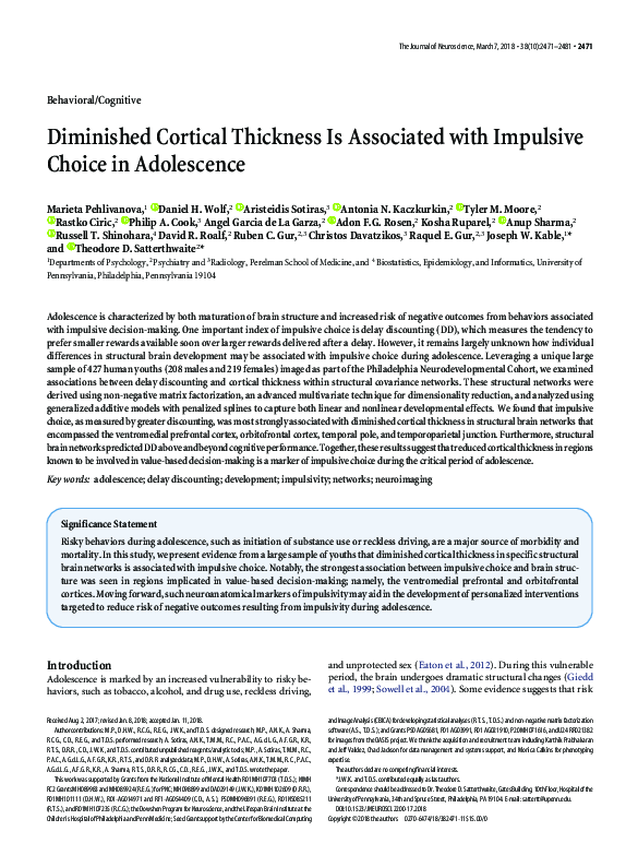 (PDF) Diminished Cortical Thickness is Associated with Impulsive Choice ...
