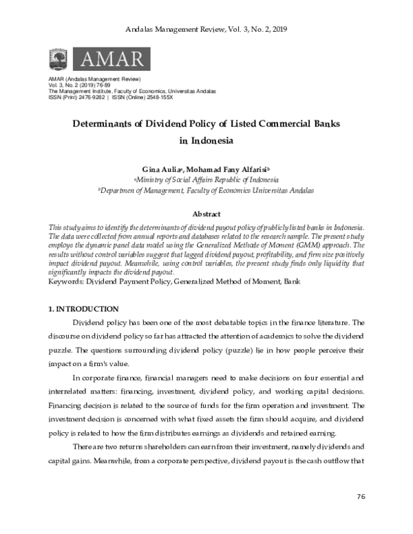 (PDF) Determinants of Dividend Policy of Listed Commercial Banks in ...
