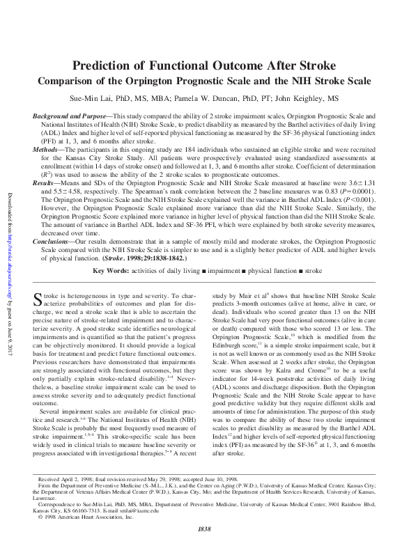 (PDF) Prediction of Functional Outcome After Stroke Rehabilitation