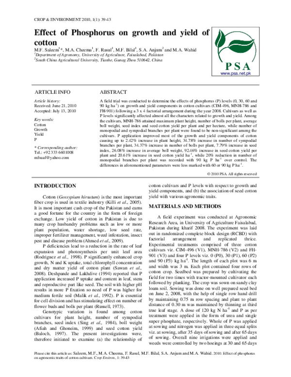 (PDF) Effect of Phosphorus on growth and yield of cotton