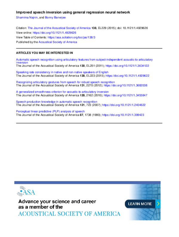 (PDF) Improved speech inversion using general regression neural network