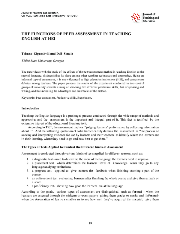 (PDF) THE FUNCTIONS OF PEER ASSESSMENT IN TEACHING ENGLISH AT HEI
