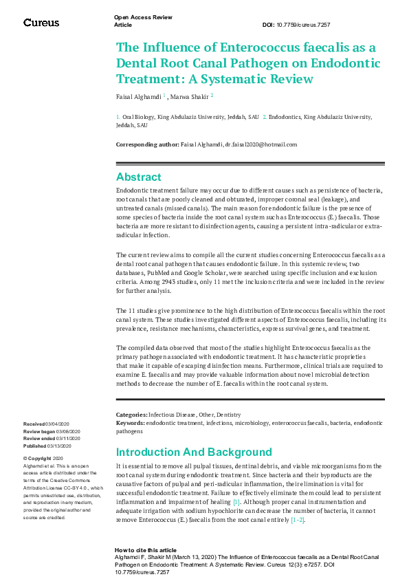 (PDF) The Influence of Enterococcus faecalis as a Dental Root Canal
