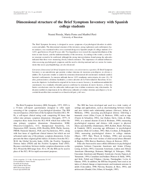 (PDF) Dimensional structure of the Brief Symptom Inventory with Spanish ...