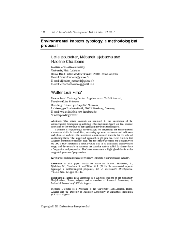 (PDF) Environmental impacts typology: a methodological proposal