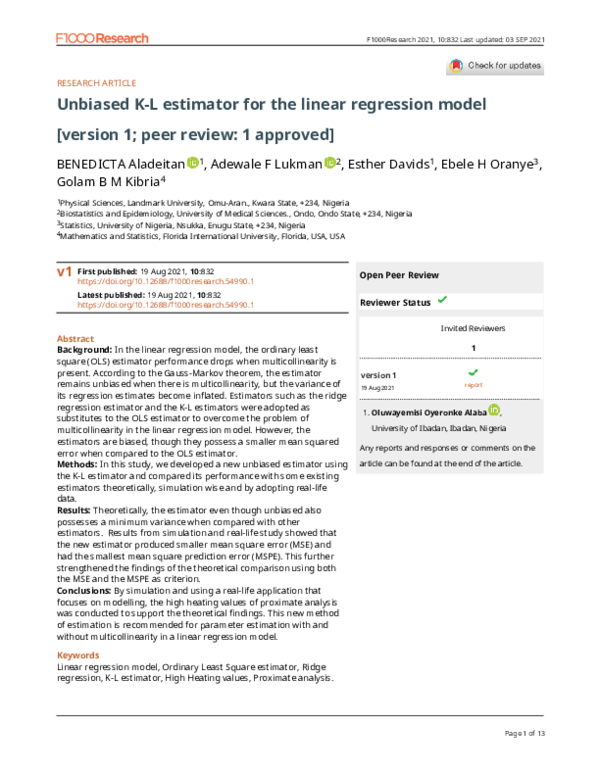 (PDF) Unbiased K-L estimator for the linear regression model