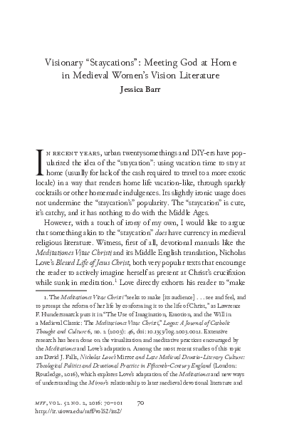 Visionary "Staycations": Meeting God at Home in Medieval Women’s Vision Literature