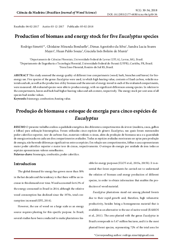 (PDF) Production of biomass and energy stock for five Eucalyptus species