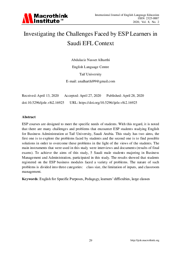 (PDF) Investigating the Challenges Faced by ESP Learners in Saudi EFL ...