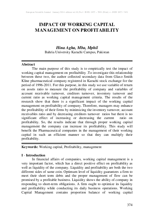 (PDF) Impact of Working Capital Management on Profitability