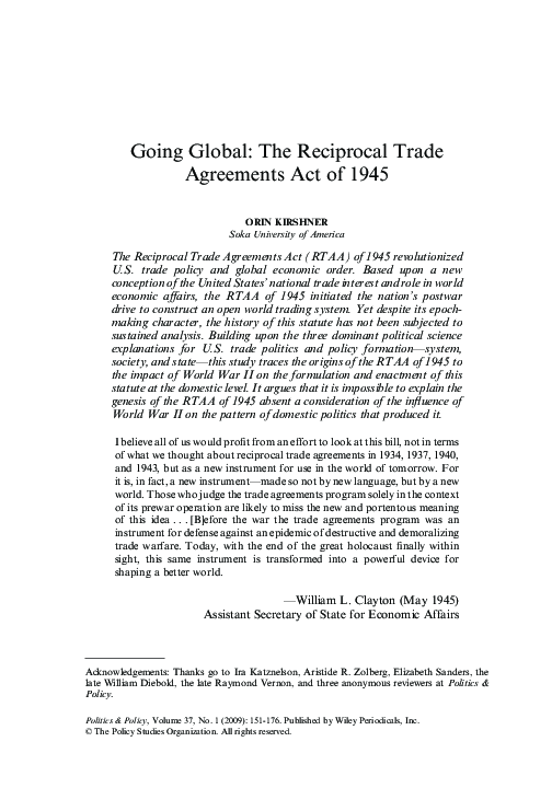 (PDF) Going Global: The Reciprocal Trade Agreements Act of 1945
