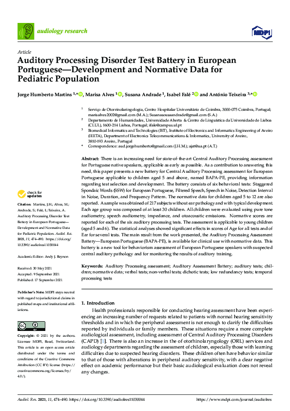 (PDF) Auditory Processing Disorder Test Battery in European Portuguese ...