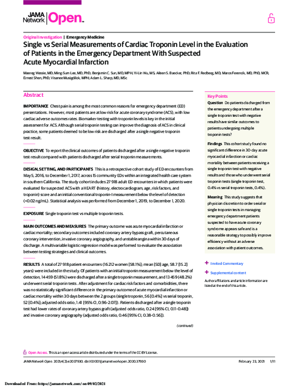 (PDF) Single vs Serial Measurements of Cardiac Troponin Level in the ...