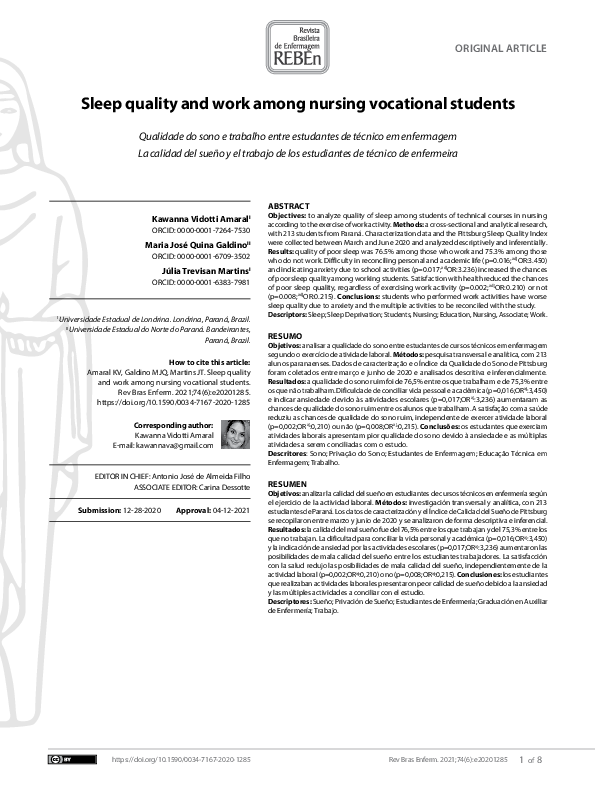 (PDF) Sleep quality and work among nursing vocational students