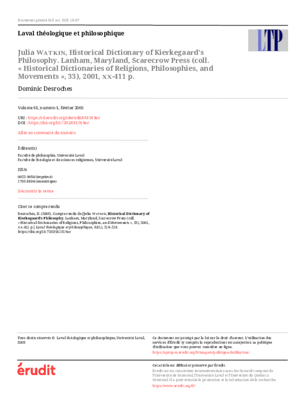 (PDF) Julia Watkin, Historical Dictionary of Kierkegaard’s Philosophy