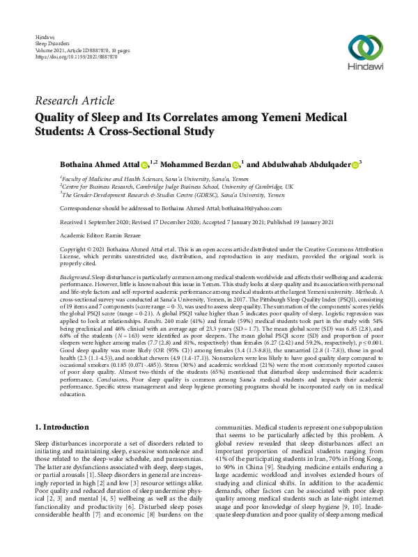 (PDF) Quality of Sleep and Its Correlates among Yemeni Medical Students ...