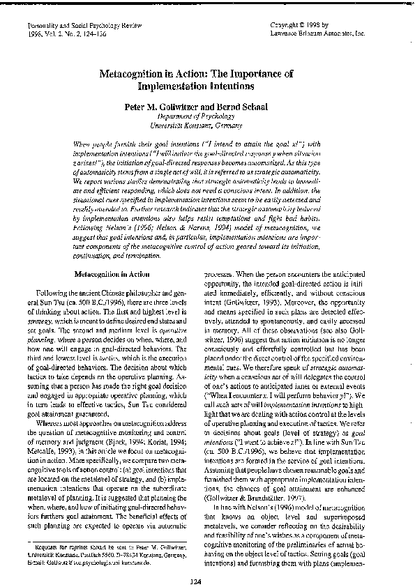 (PDF) Metacognition in Action: The Importance of Implementation Intentions