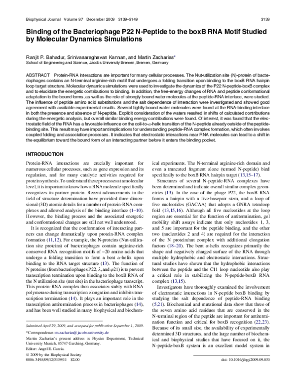 (PDF) Binding of the Bacteriophage P22 N-Peptide to the boxB RNA Motif ...