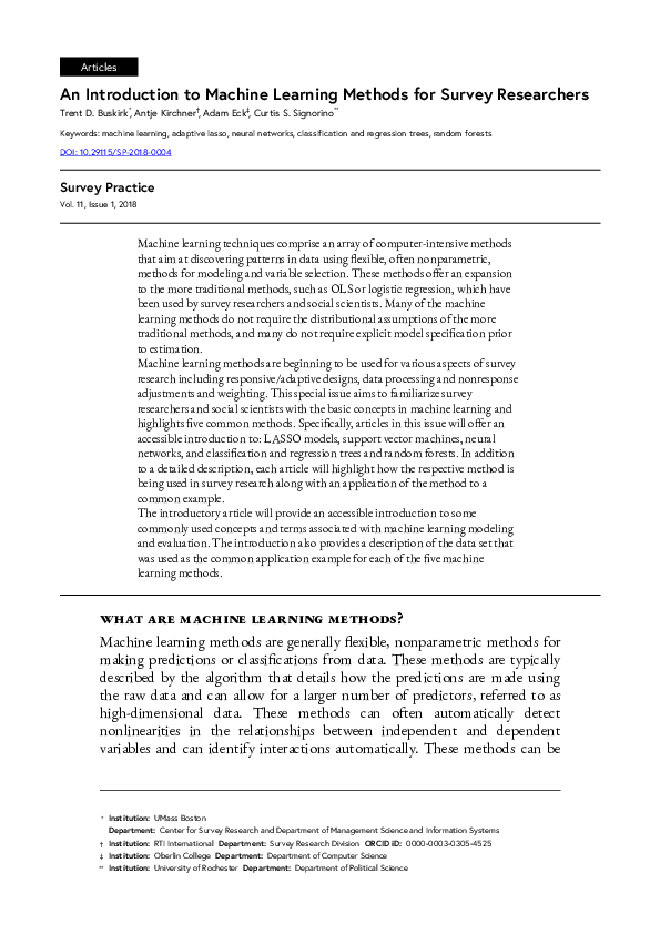 (PDF) An Introduction to Machine Learning Methods for Survey Researchers