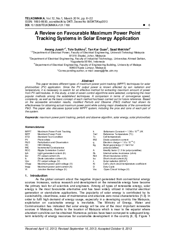 (PDF) A Review on Favourable Maximum Power Point Tracking Systems in ...