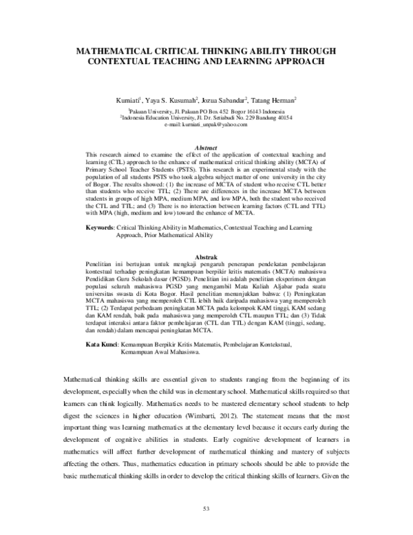 (PDF) Mathematical Critical Thinking Ability Through Contextual ...