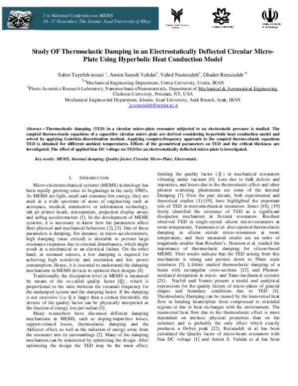 (PDF) Study Of Thermoelastic Damping In An Electrostatically Deflected