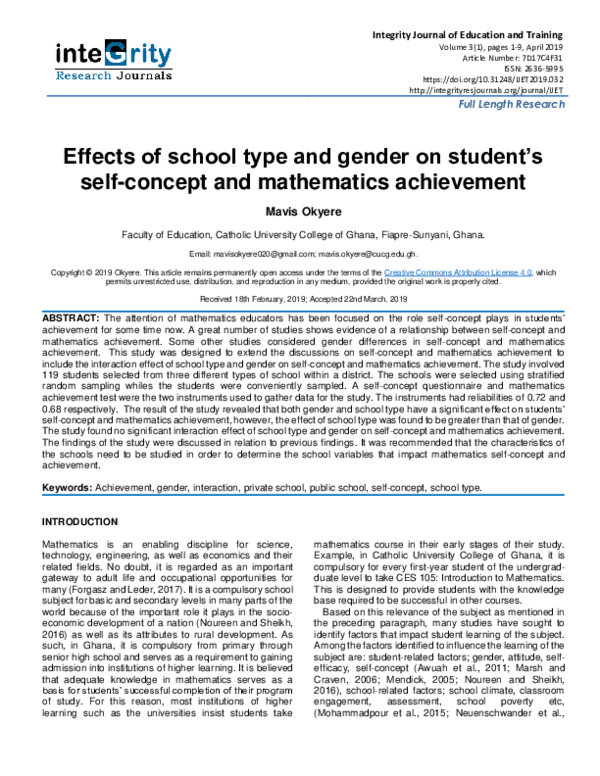 (PDF) Effects of school type and gender on student’s self-concept and ...