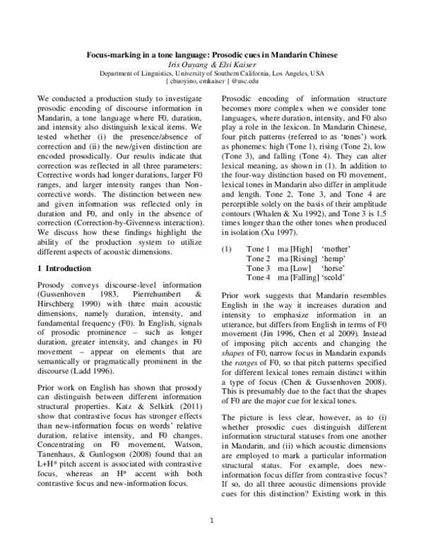 (PDF) Focus-marking in a tone language: Prosodic cues in Mandarin Chinese