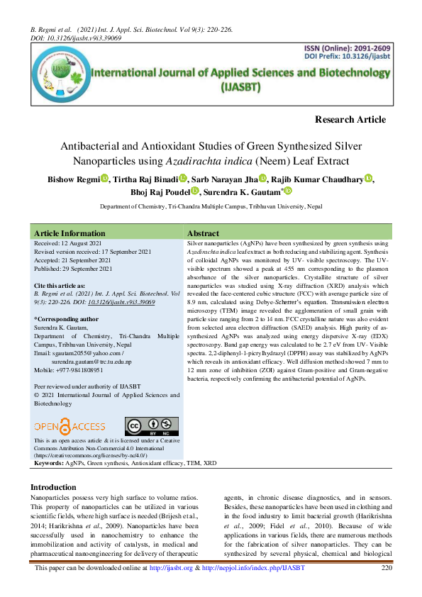 (PDF) Antibacterial and Antioxidant Studies of Green Synthesized Silver ...