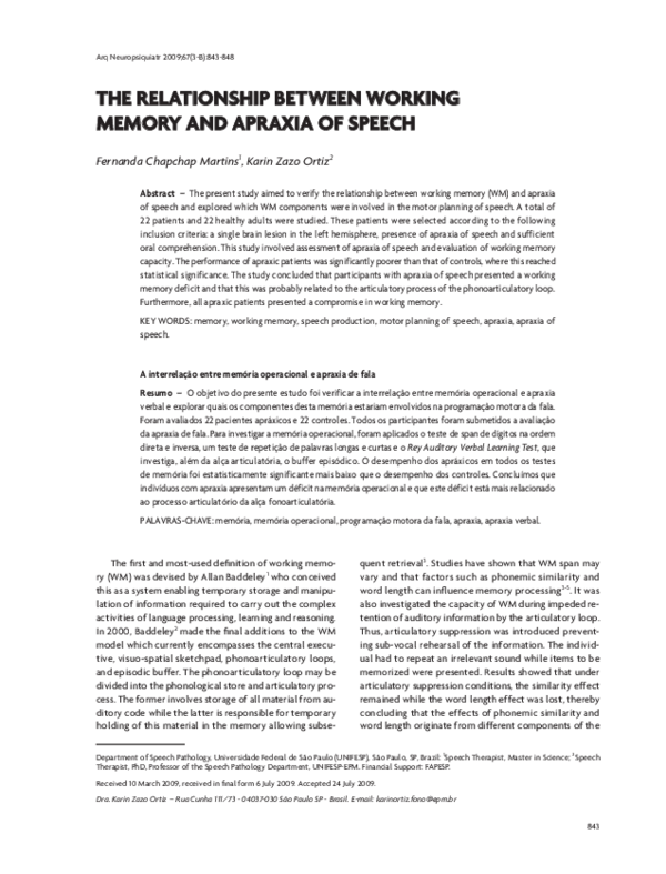 (PDF) The relationship between working memory and apraxia of speech