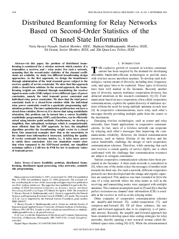 (PDF) Distributed Beamforming for Relay Networks Based on Second-Order ...