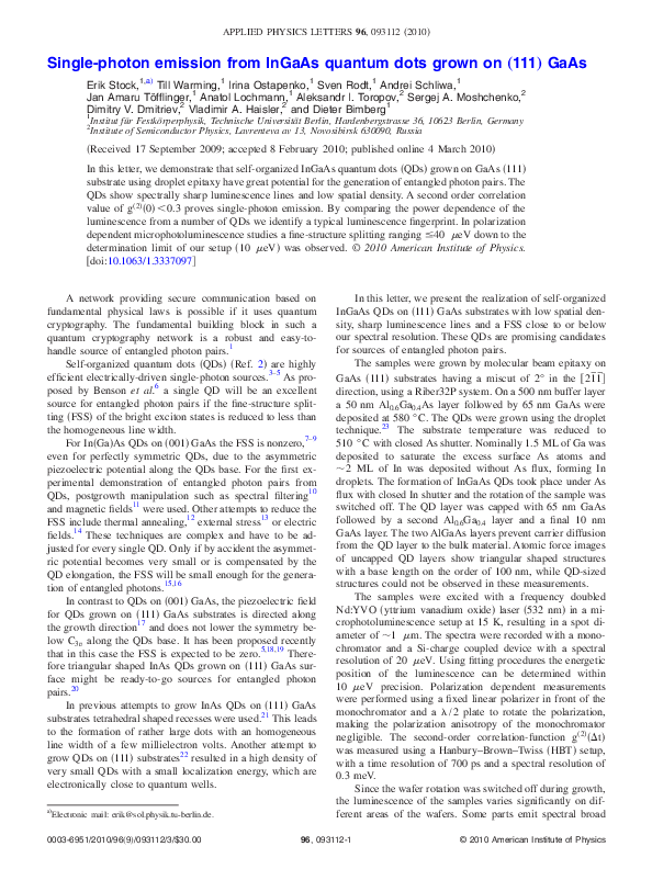 (PDF) Single-photon emission from InGaAs quantum dots grown on (111) GaAs
