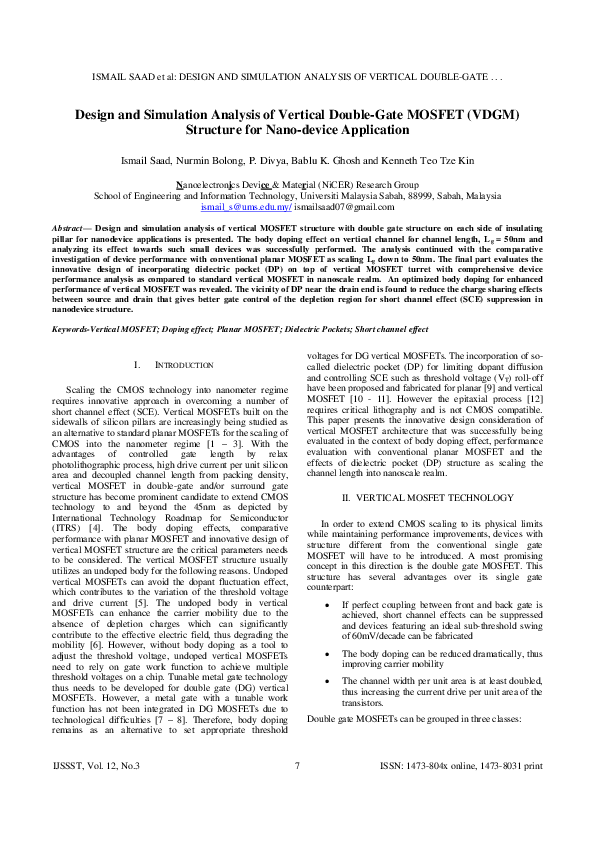 (PDF) Design and Simulation Analysis of Vertical Double-Gate MOSFET ...