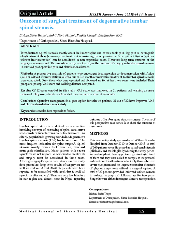 (PDF) Outcome of Surgical Treatment of Degenerative Lumbar Spinal Stenosis
