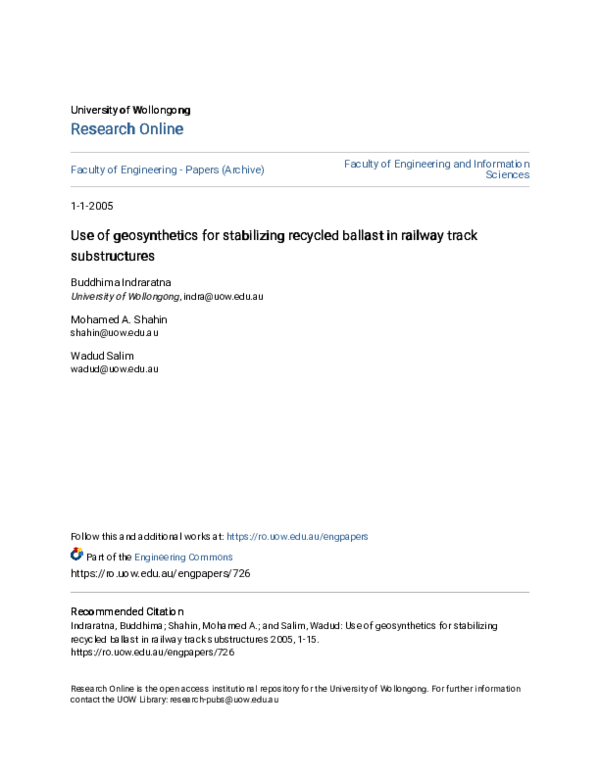 (PDF) Use of geosynthetics for stabilizing recycled ballast in railway